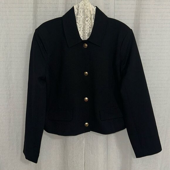 MK XL Black Gold Tone Buttons Collared Crop Professional Blazer Suit Jacket - Picture 3 of 12